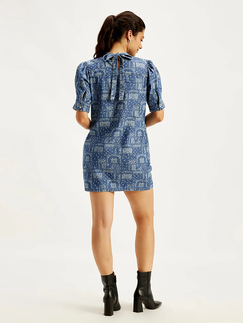 Women's Paisley Blue Band Neck Mini Denim Dress