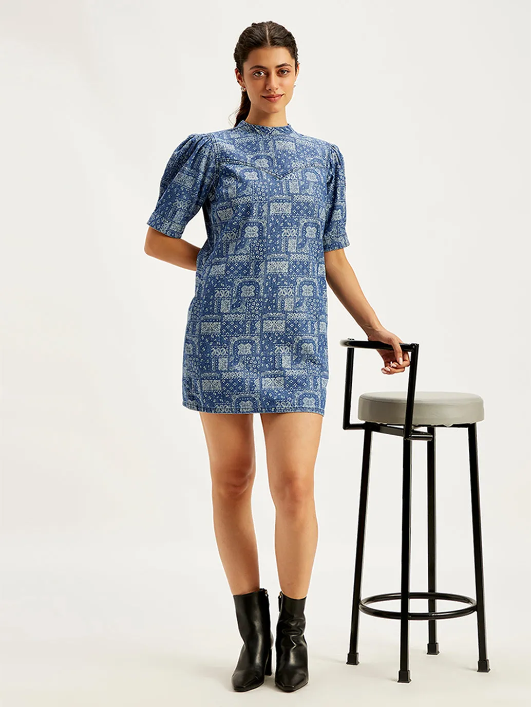Women's Paisley Blue Band Neck Mini Denim Dress