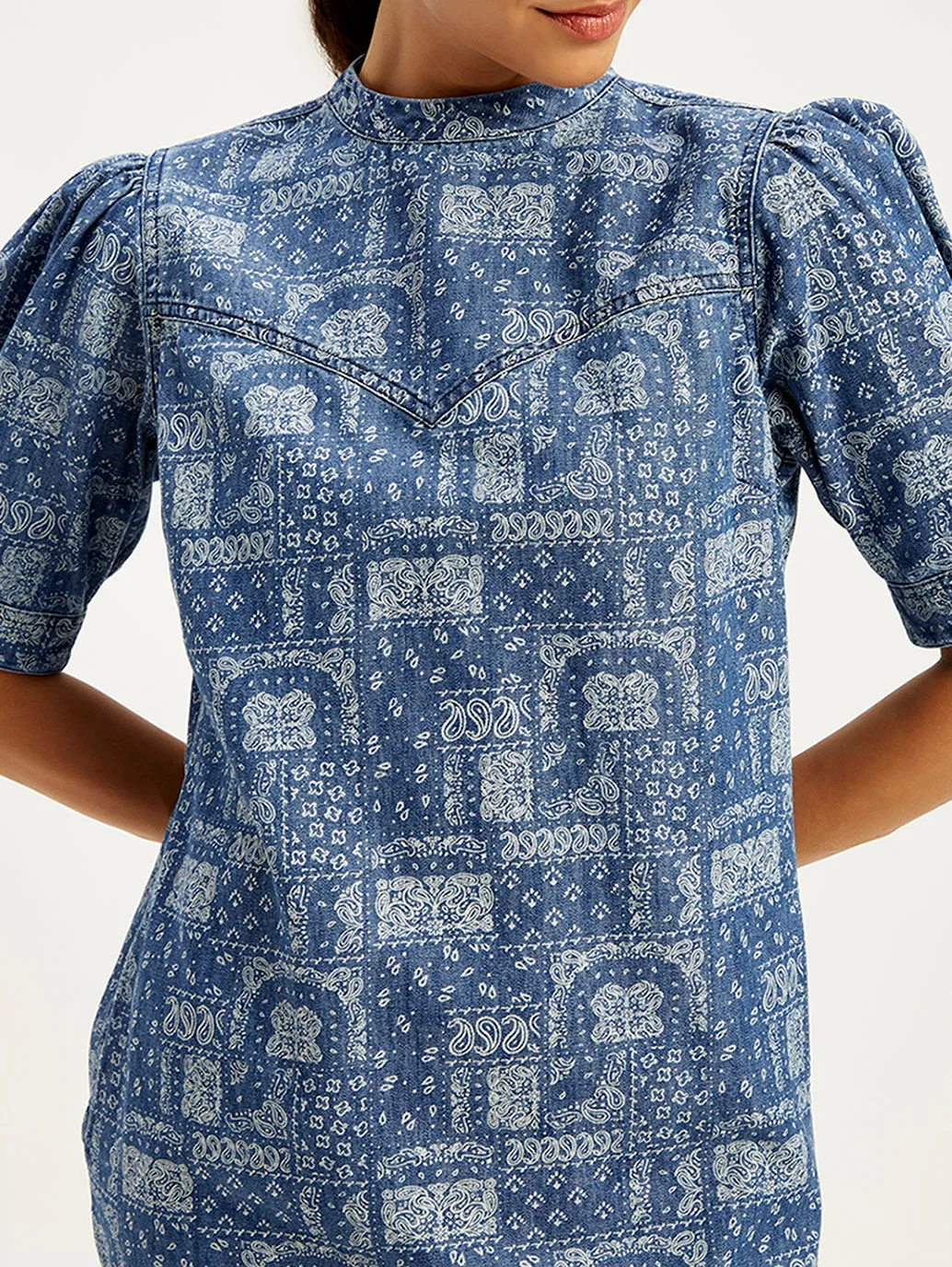 Women's Paisley Blue Band Neck Mini Denim Dress
