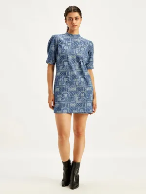 Women's Paisley Blue Band Neck Mini Denim Dress